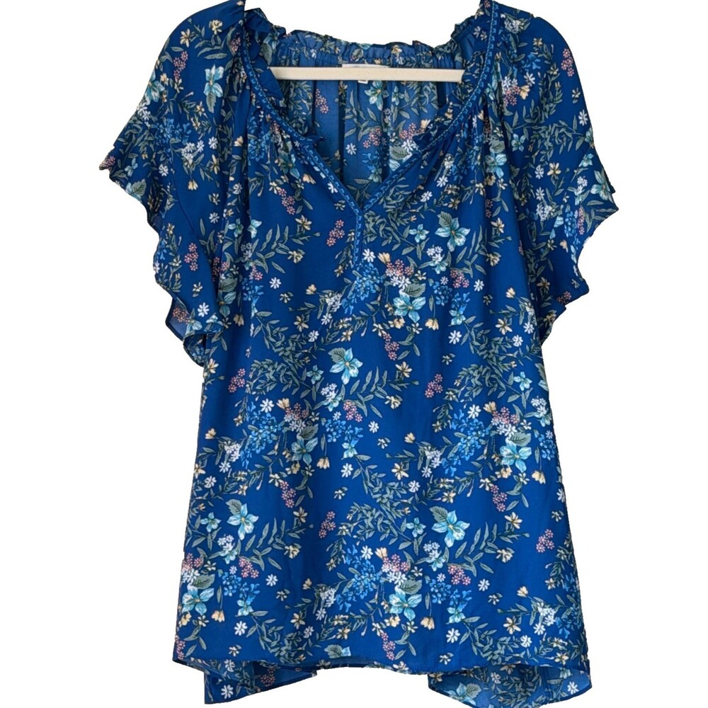 Max Studio Peasant Blouse Women 2X Blue Floral Flutter Sleeve V Neck Plus Size